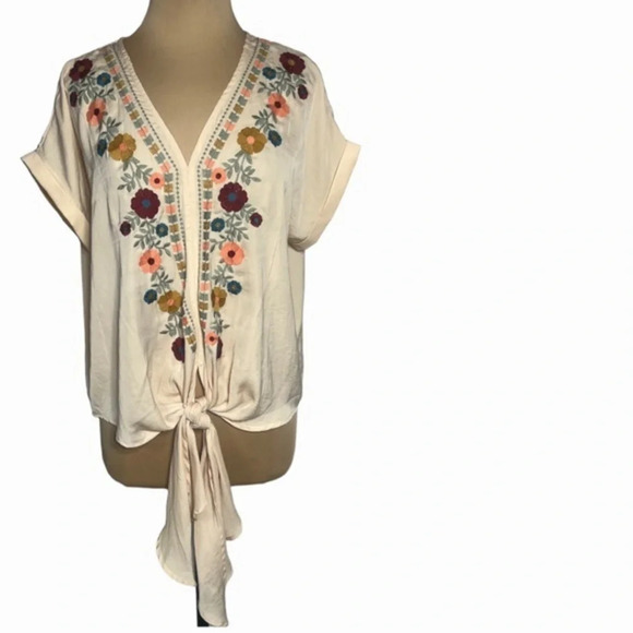 Entro floral embroidered boho cap sleeve top tie front size M - Picture 7 of 11
